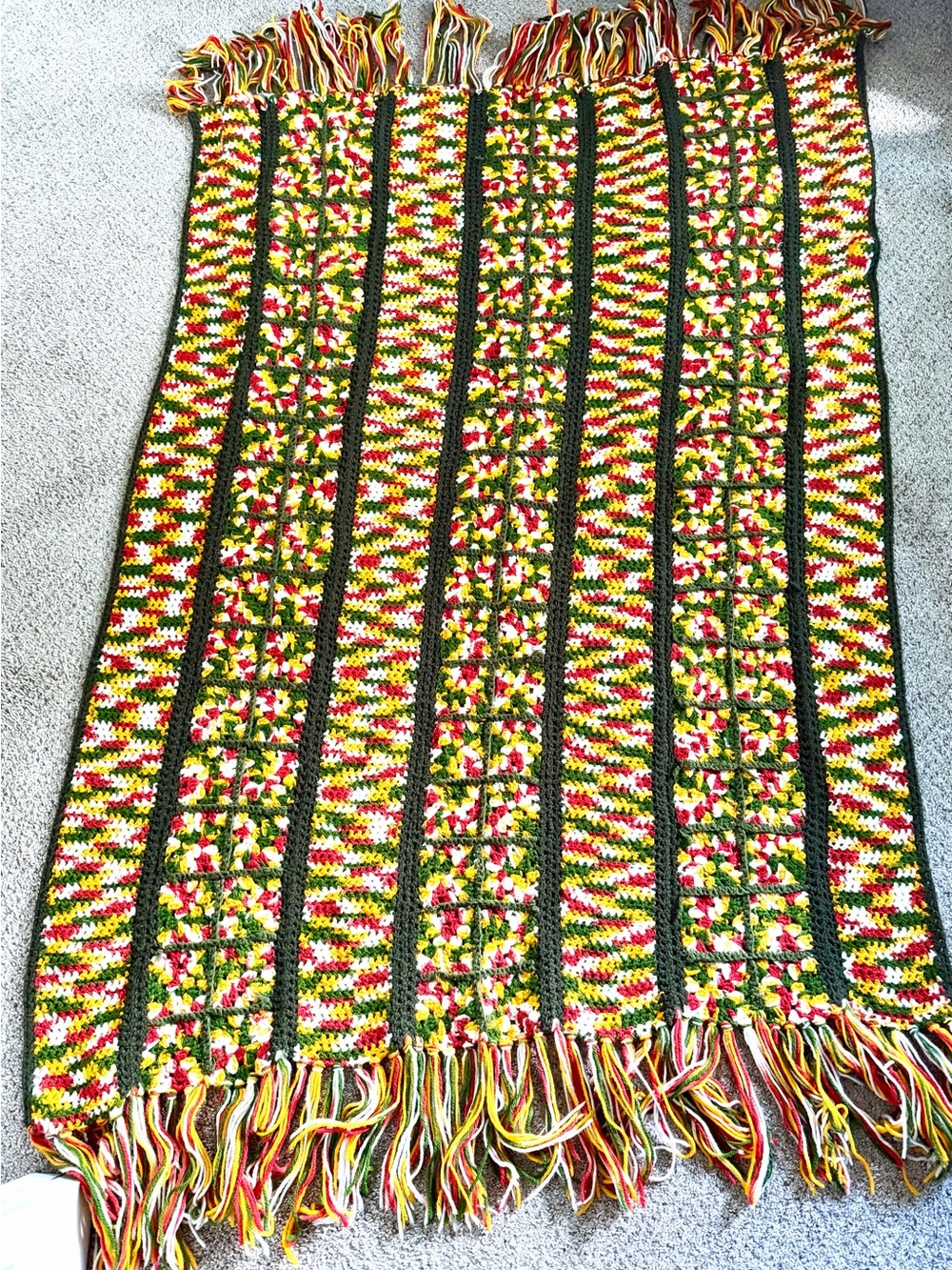 Handmade Crochet Fringe Throw Blanket in Green, Yellow & Red